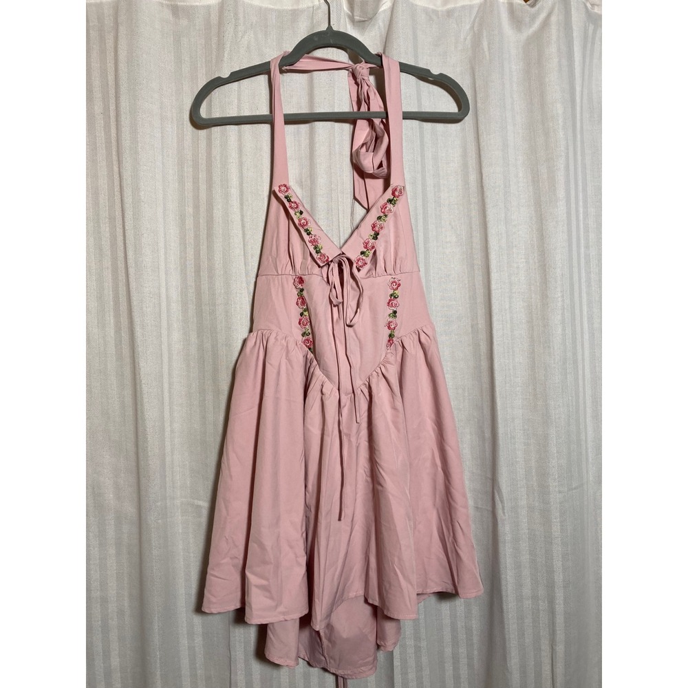 Coquette Fairycore Pink Floral Embroidered Halter Dress Lace Up Corset Back S/M*